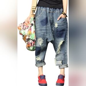 Womens Denim Drop Crotch Jeans Loose Pants Harem Trousers Baggy Small Medium